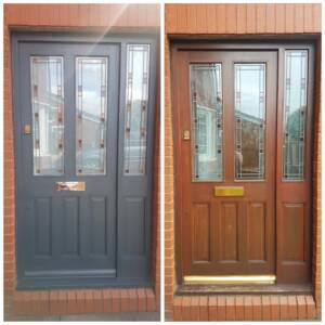 before and after customer photos of glass panelled front door new grey door and old brown door