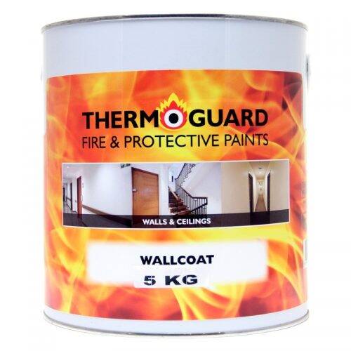 White paint can with orange flame decoration and wording "Thermoguard Fire and Protective Paints Wallcoat 5kg. Image in centre depcits a stairwell, door and corridor to explain where the coating can be used
