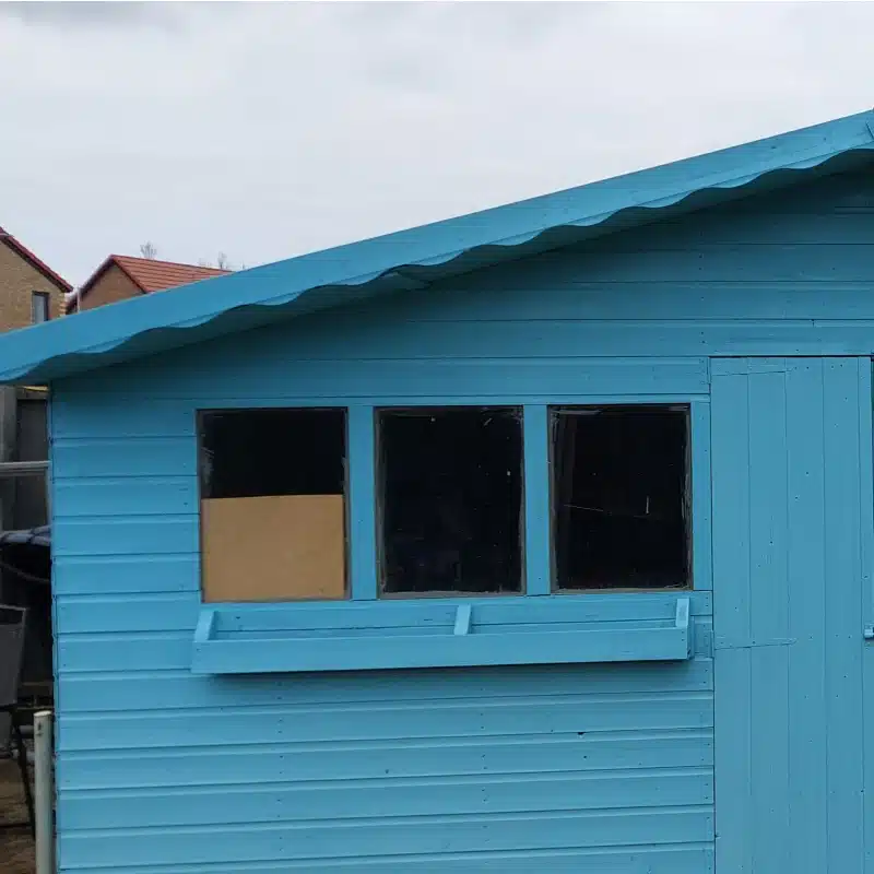 A shed painted in pacific blue