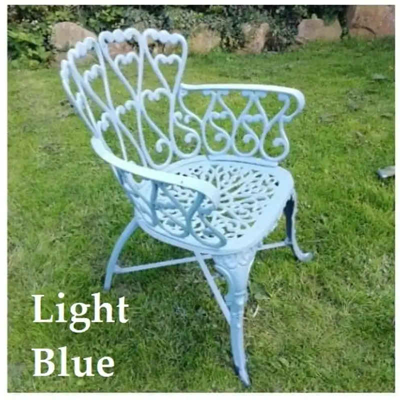 A chair painted with light blue Garden Furniture Paint