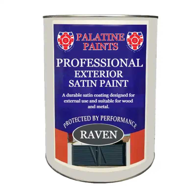 a tin of Exterior Satin Paint in Raven