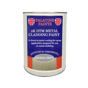 A tin of 2K DTM Metal Cladding Paint in Signal Grey