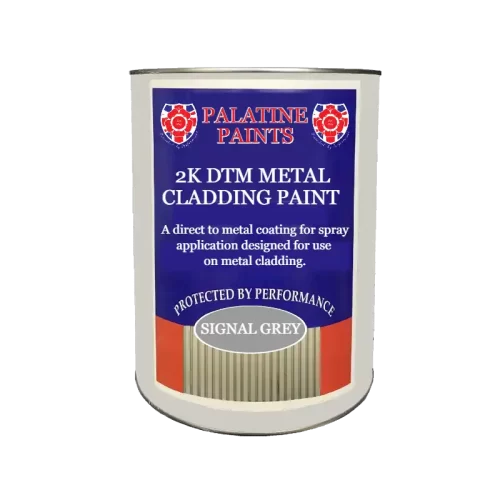 A tin of 2K DTM Metal Cladding Paint in Signal Grey