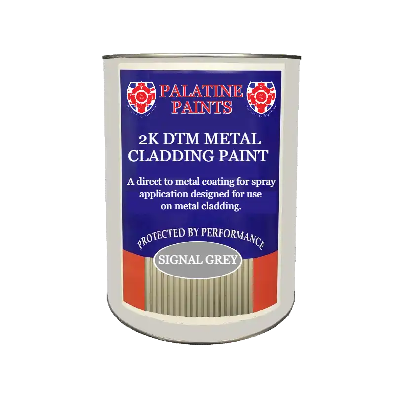 A tin of 2K DTM Metal Cladding Paint in Signal Grey