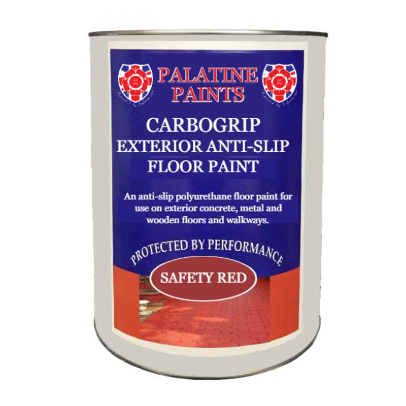 A tin of Carbogrip Exterior Anti Slip Floor Paint in safety red