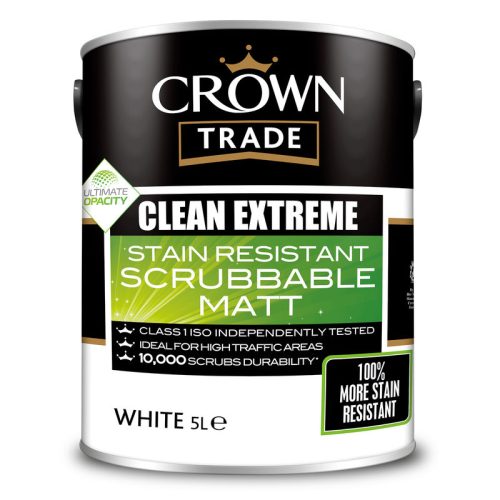 A 5L White tin of Crown Trade Extreme Clean Stain Resistant Scrubbable Matt