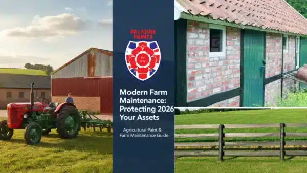A restored vintage red tractor in front of a freshly painted red and grey metal barn, featuring the Palatine Paints logo and the title 'Modern Farm Maintenance: Protecting 2026 Your Assets'—an essential guide to agricultural paint and farm maintenance