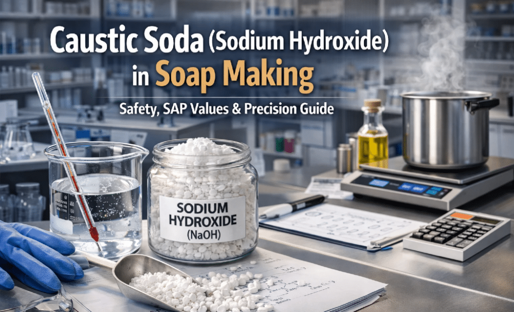 Caustic soda (sodium hydroxide) pellets in a laboratory jar with beaker, thermometer, digital scale, and soap making equipment in a professional lab setting.