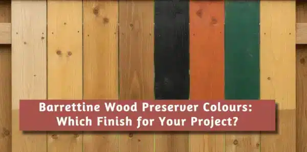 A high-resolution photograph showing eight vertical wooden fence panels, each treated with a different color of Barrettine wood protective treatment. The top half of each panel displays the applied colour, while the bottom half shows the original untreated light wood.