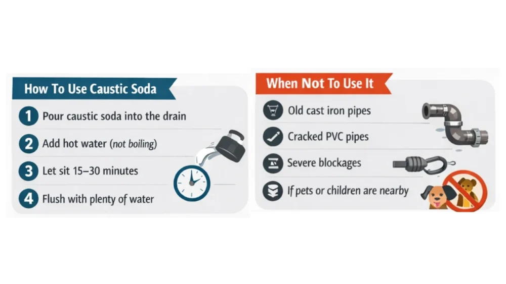 A side-by-side infographic outlining the "Dos and Don'ts" of caustic soda. How To Use Caustic Soda: A 4-step guide: 1. Pour into the drain, 2. Add hot (not boiling) water, 3. Let sit for 15–30 minutes, 4. Flush with plenty of water. When Not To Use It: Lists four warnings: do not use on old cast iron pipes, cracked PVC pipes, severe blockages, or if pets and children are nearby. Illustrations show damaged pipes and a "no" symbol over a dog and child.