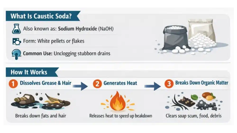 An infographic divided into two sections.What Is Caustic Soda?: Defines it as Sodium Hydroxide ($\text{NaOH}$), appearing as white pellets or flakes, and commonly used for unclogging stubborn drains. An illustration shows bags of white pellets.How It Works: A three-step process showing (1) Dissolving Grease & Hair, (2) Generating Heat (represented by a flame icon), and (3) Breaking Down Organic Matter like soap scum and food debris.