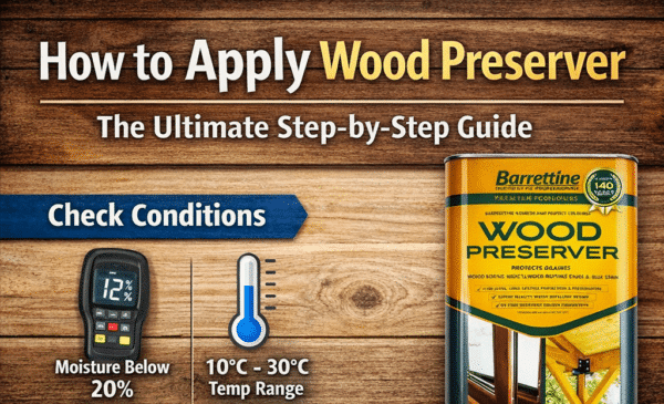 Website header for the Ultimate Step-by-Step Guide on How to Apply Wood Preserver featuring a dark wood plank background