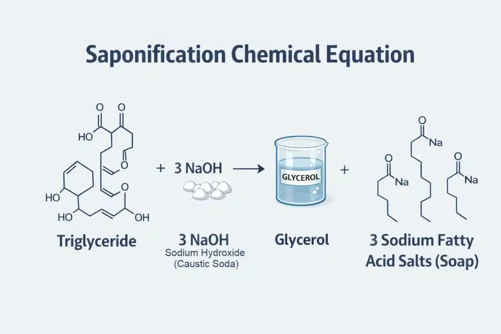 Saponification chemical equation showing triglyceride reacting with 3 NaOH to form glycerol and 3 sodium fatty acid salts (soap)