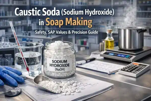 Caustic soda (sodium hydroxide) pellets in a laboratory jar with beaker, thermometer, digital scale, and soap making equipment in a professional lab setting.
