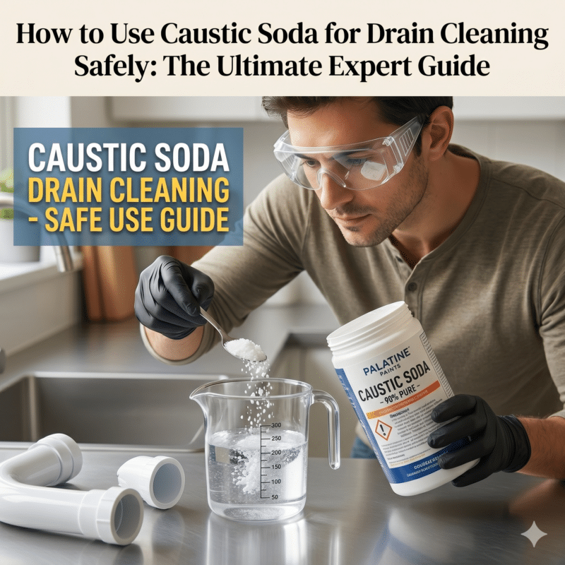banner titled "Caustic Soda for Drain Cleaning: What You Need to Know." The background is teal with a white wave at the bottom. It features an illustration of a silver U-bend pipe with blue water inside and a yellow triangle warning sign with an exclamation point. The tagline reads, "Powerful, effective – but use with caution!"